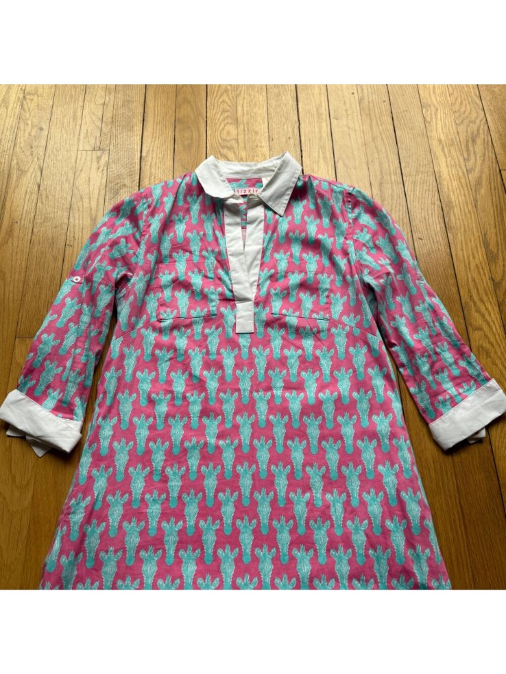 Tizzie Size XS Pink Aqua Zebra Print Split Neck Collar Cotton Blend Tunic Dress - Picture 5 of 15